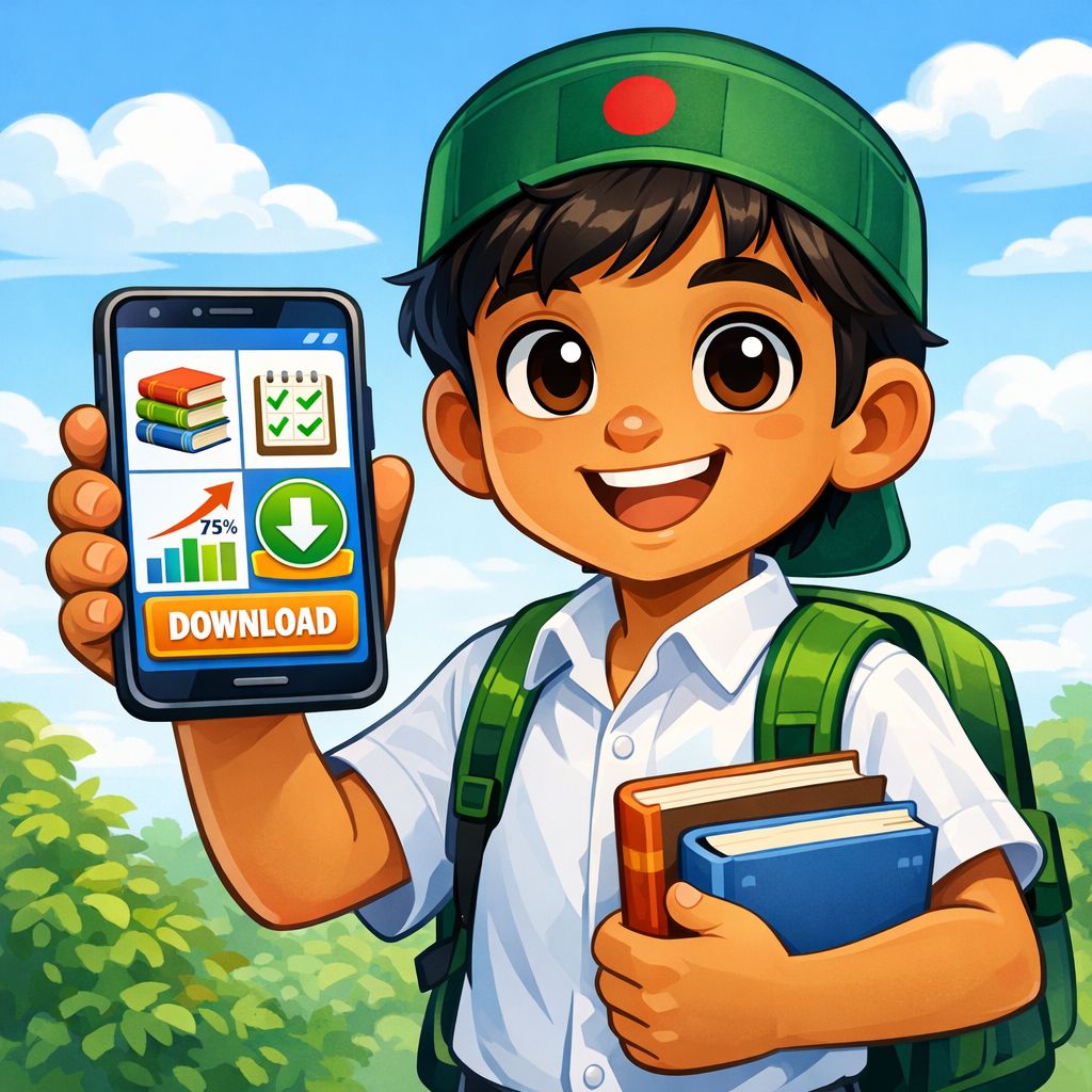 Cartoon learner holding a smartphone with Banglashera learning screens and icons