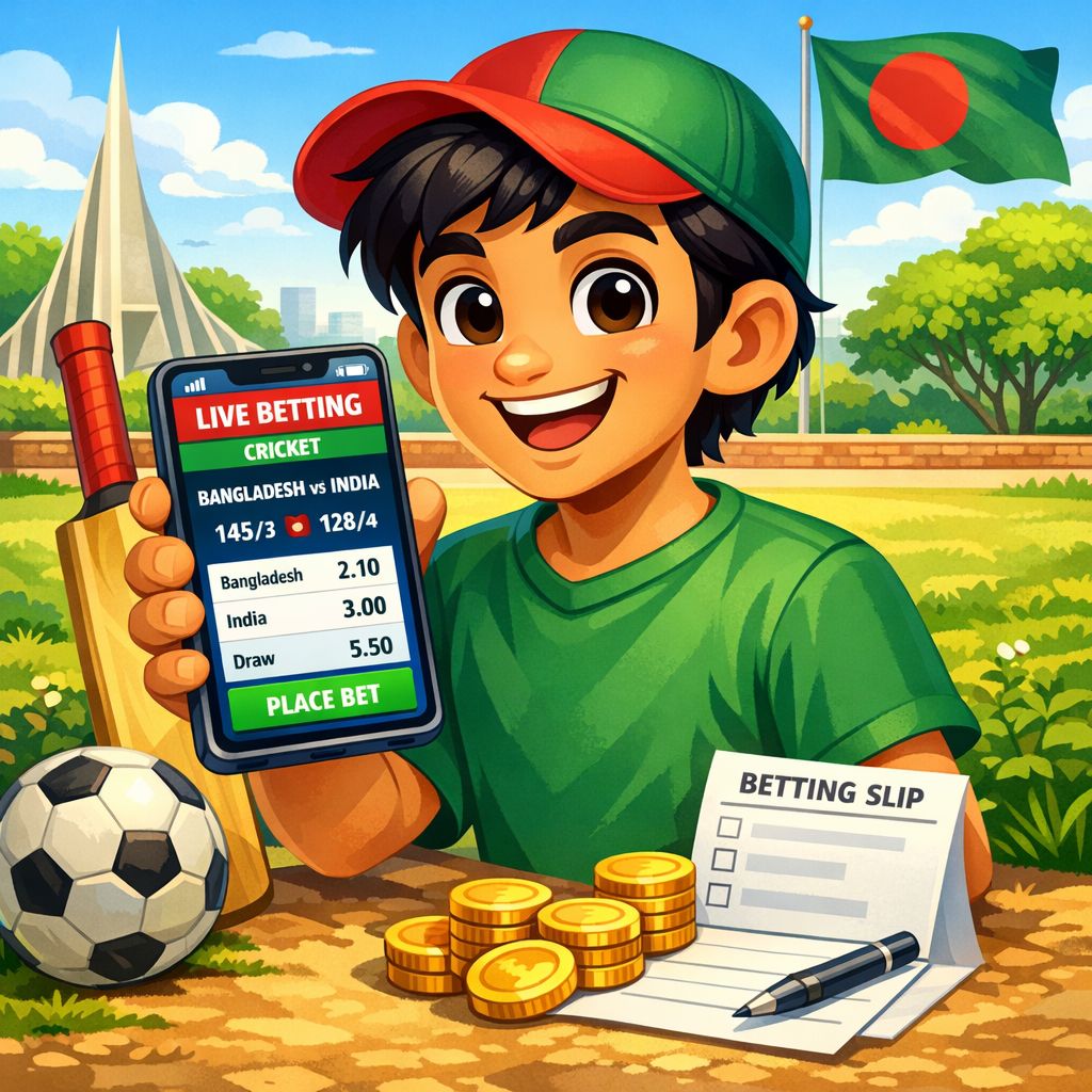 Cartoon sports bettor with a phone showing live odds, cricket bat and football elements, coins and a simple betting slip