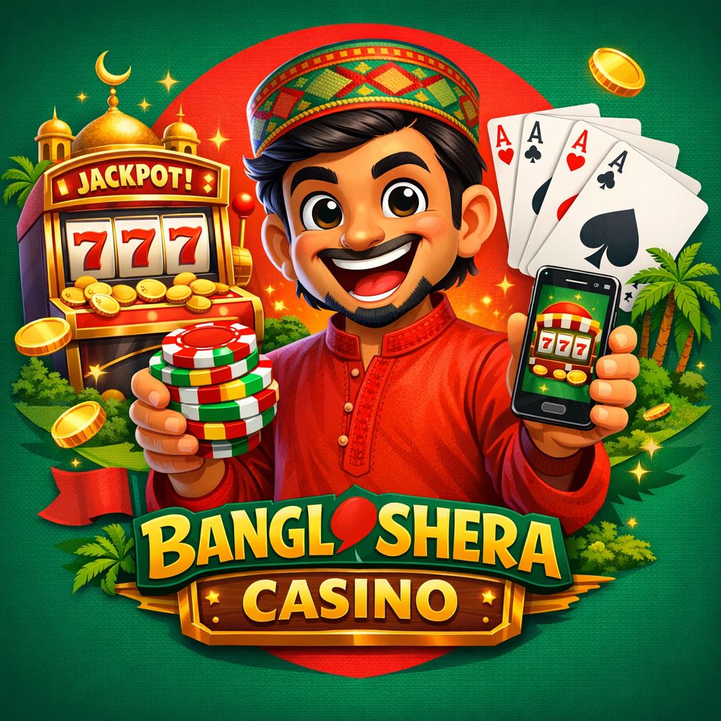 Banglashera casino cartoon character with chips, cards, and a slot machine in a Bangladesh-themed setting