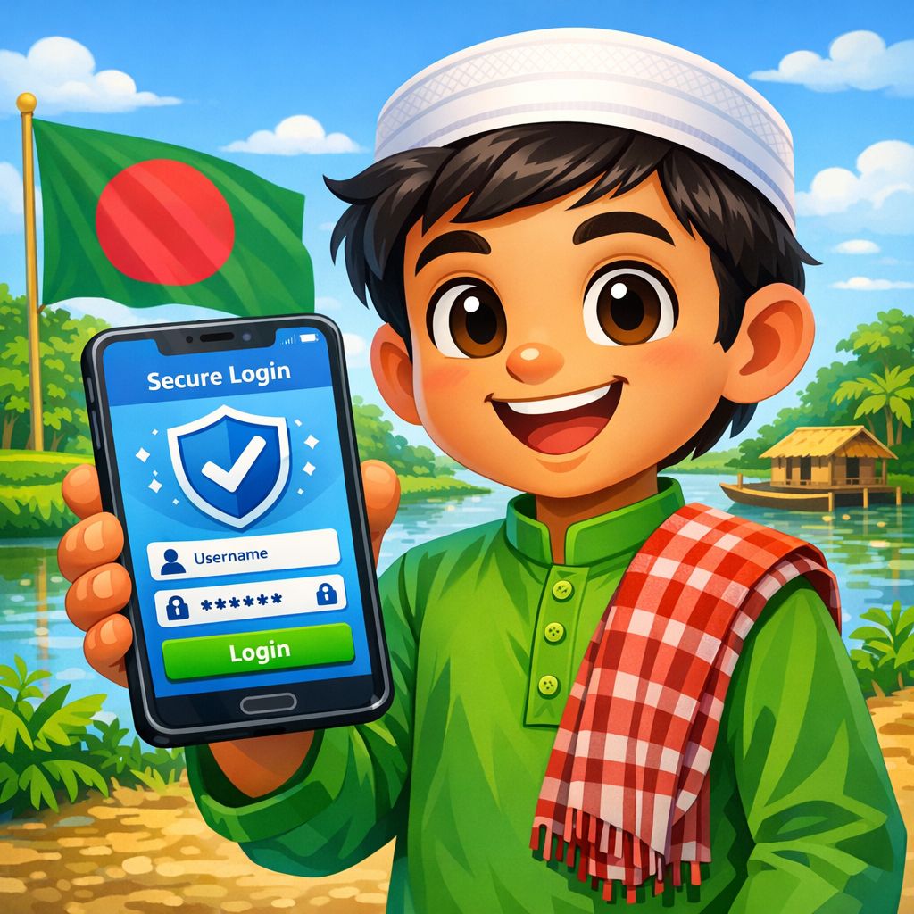 Cartoon character holding a phone with a login screen and a security shield theme