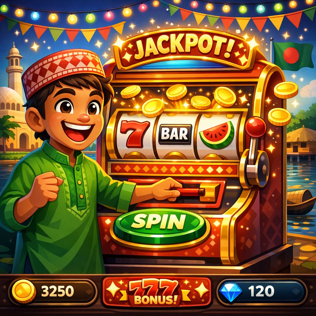 Banglashera themed cartoon character spinning a slot machine with coins and reels